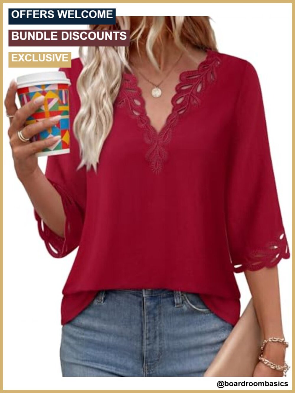 Bohemian Eyelet Embroidery V Neck 3/4 Sleeve Blouse